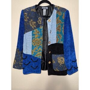 Indigo Moon‎ Patchwork Blazer Jacket Blue Gold Floral Textured Boho Artsy XS